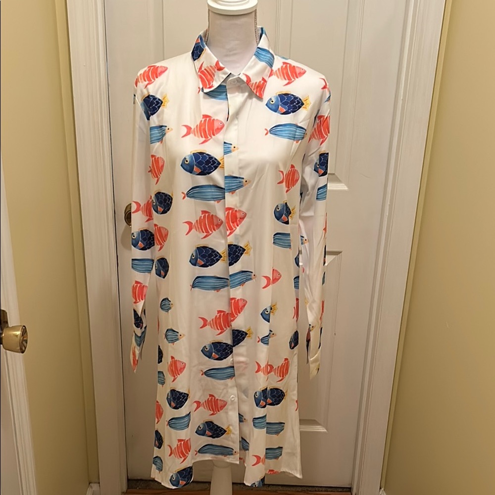 Fish Print Button-Up Shirt Dress